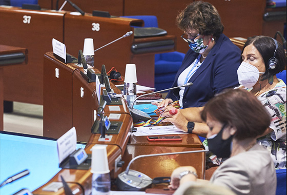 Zita Gurmai, PACE General Rapporteur on violence against women, Petra Bayr, Chairperson of the Equality Committee, and Despina Chatzivassiliou-Tsovilis, PACE Secretary General.