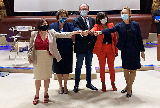 Marija Pejčinović Burić, Elisabeth Moreno, Rik Daems, Zita Gurmai and Despina Chatzivassiliou-Tsovilis, at the end of the PACE event to mark the 10th anniversary of the Istanbul Convention. 