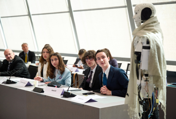 Students from the American International School in Athens presenting their AI project