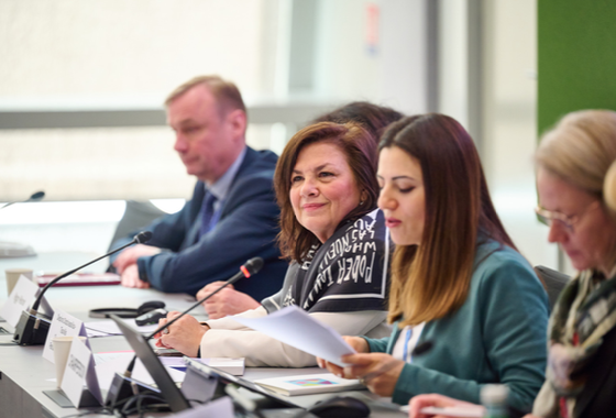 Assembly members and PACE Secretary General Despina Chatzivassiliou-Tsovilis follow the hearing
