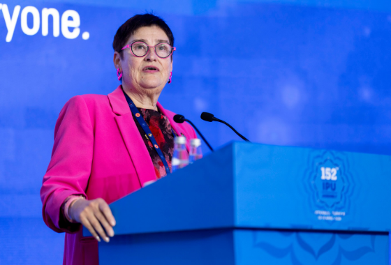 Petra Bayr discusses the situation of women in conflict zones at a Forum of Women Parliamentarians