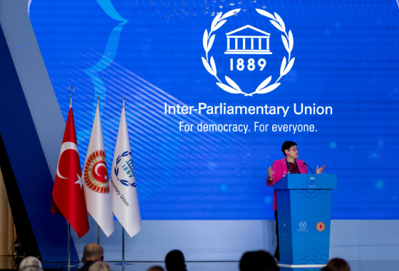 Petra Bayr discusses the situation of women in conflict zones at a Forum of Women Parliamentarians