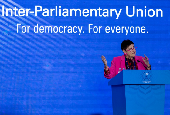 Petra Bayr discusses the situation of women in conflict zones at a Forum of Women Parliamentarians